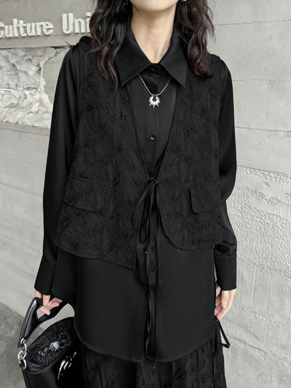 Solid Color Split-Joint Asymmetric Drawstring Flower Print   False Two Lapel Buttoned Pockets Blouses&Shirts Tops + Elasticated Waist Double Layered Skirts Bottoms Two Pieces Set