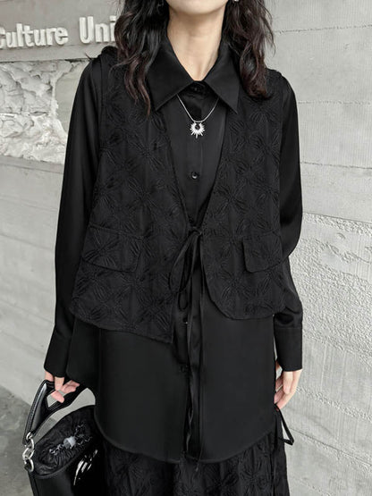 Solid Color Split-Joint Asymmetric Drawstring Flower Print   False Two Lapel Buttoned Pockets Blouses&Shirts Tops + Elasticated Waist Double Layered Skirts Bottoms Two Pieces Set