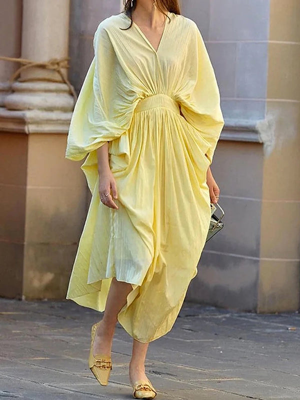 Long Sleeves Loose Backless Solid Color V-Neck Midi Dresses