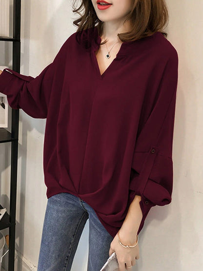 Casual Long Sleeves Loose Solid Color V-Neck Blouses&Shirts Tops