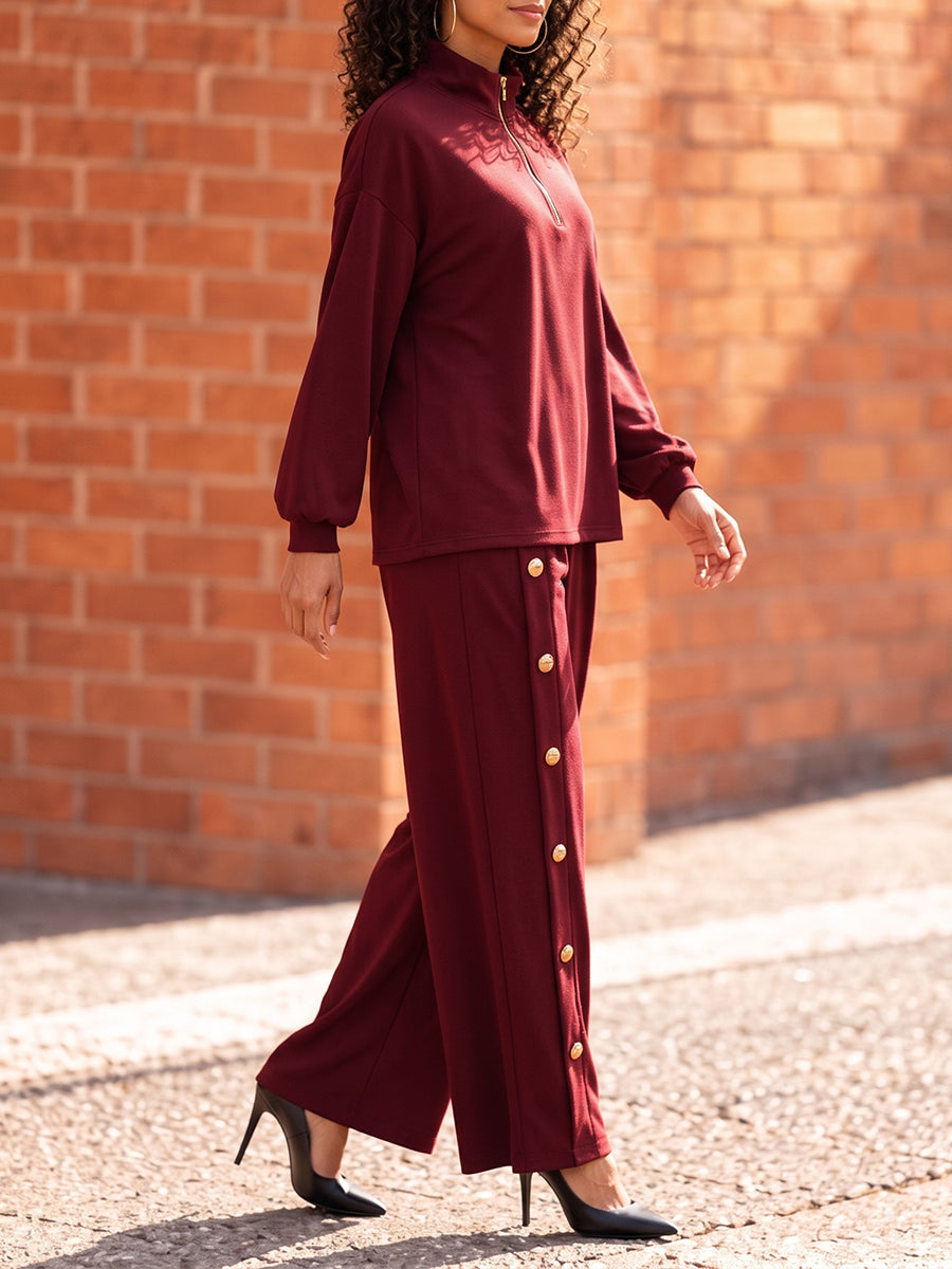 Solid Color Pockets Buttoned High Waisted Trousers Pants