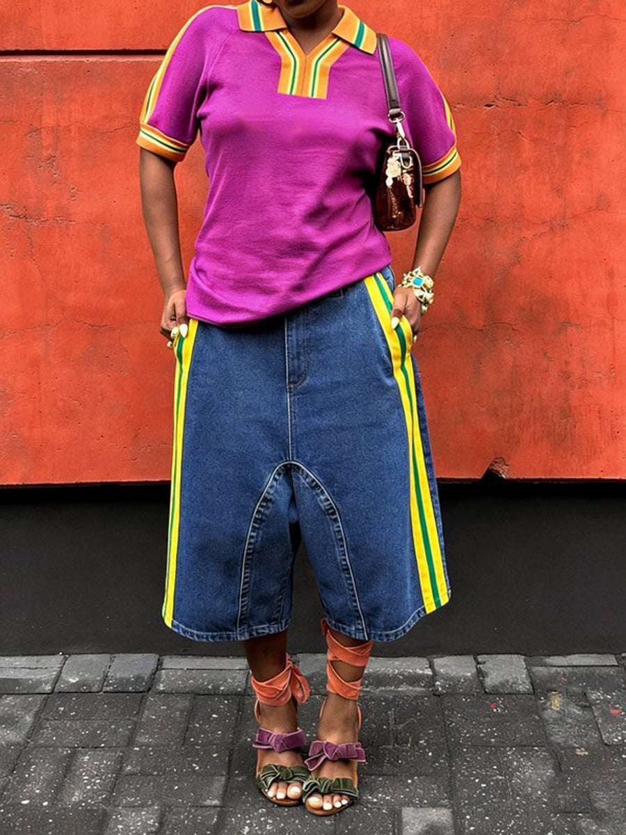 High Waisted Wide Leg Pockets Split-Joint Striped Jean Pants Bottoms Shorts Bottoms
