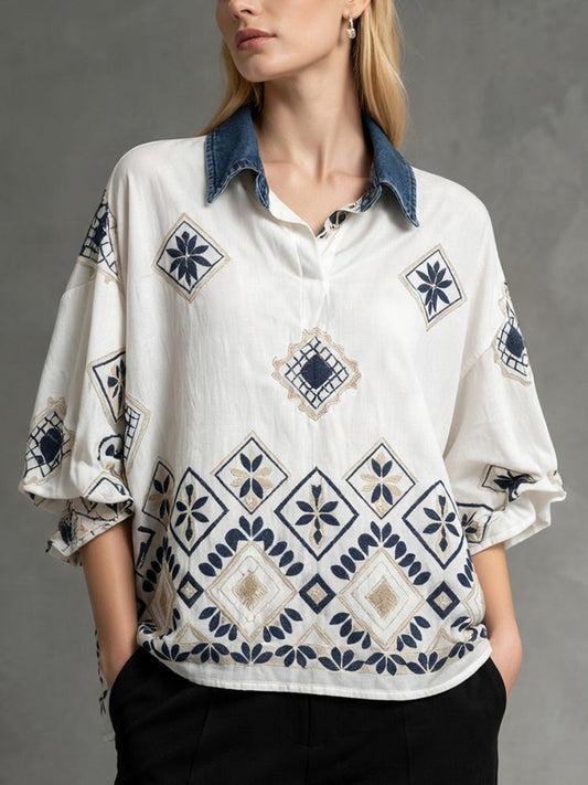 Half Sleeves Loose Buttoned Contrast Color Embroidered Leaves Print Lapel Blouses&Shirts Tops