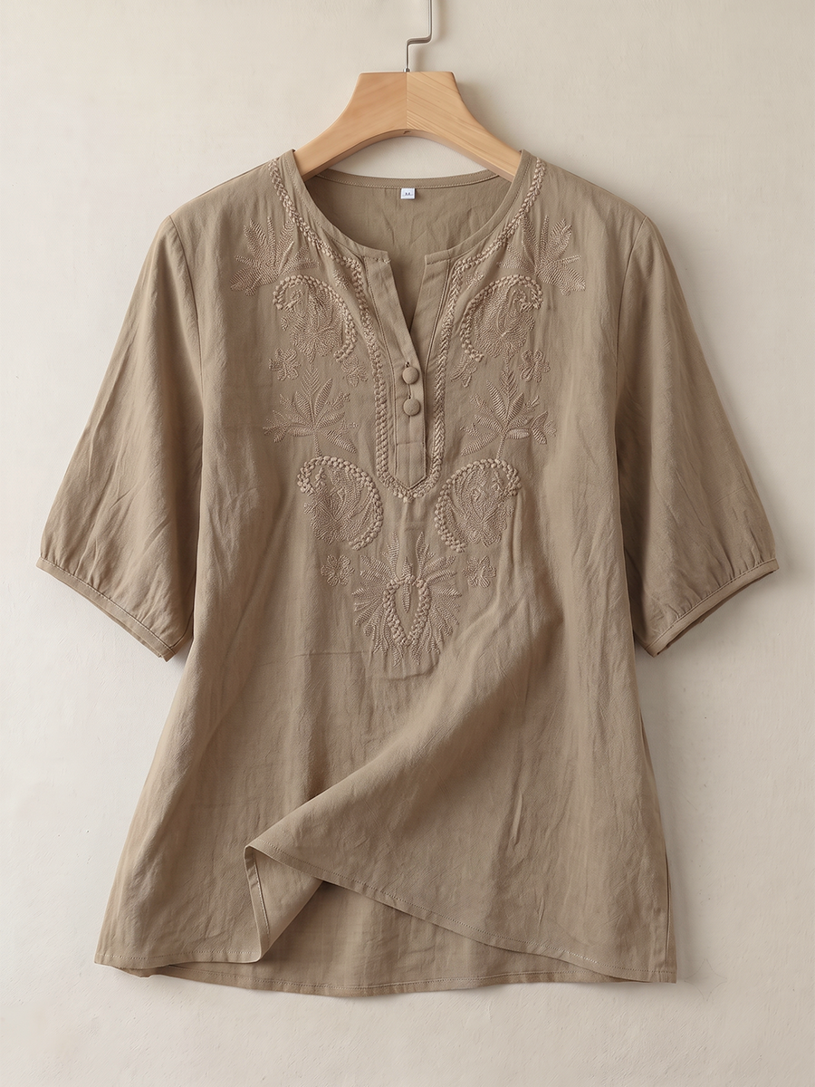 Solid Color Embroidered Buttoned Loose Half Sleeves Round-neck Blouses&shirts Tops