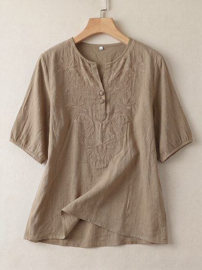 Solid Color Embroidered Buttoned Loose Half Sleeves Round-neck Blouses&shirts Tops