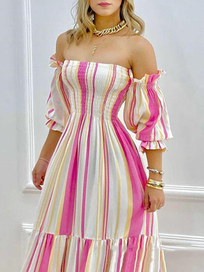 A-Line High Waisted Contrast Color Pleated Split-Joint Off-The-Shoulder Maxi Dresses