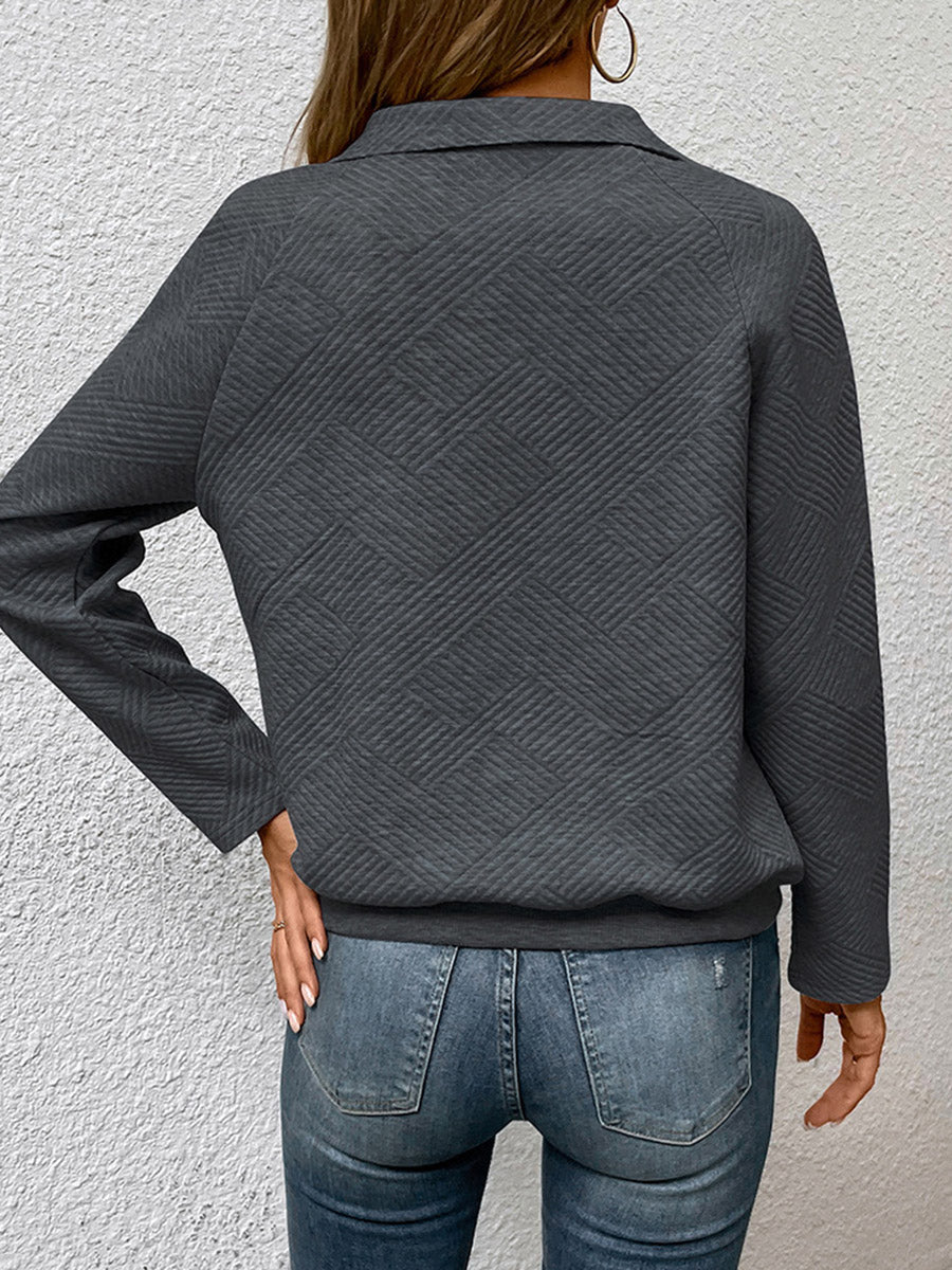 Textured Split-Joint Solid Color Pockets Buttoned Loose Long Sleeves Polo Sweatshirt Tops