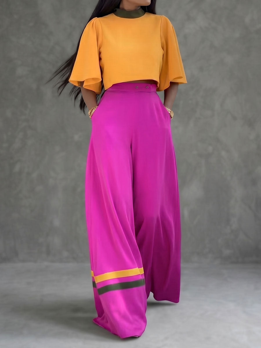 High Waisted Wide Leg Buttoned Contrast Color Pockets Pants Trousers
