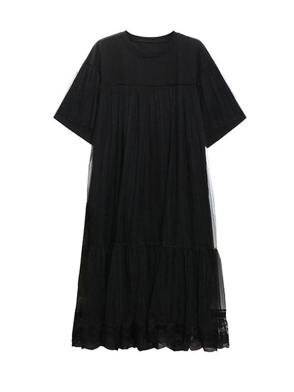 Fake Two-Piece Loose Gauze Pleated Solid Color Split-Joint Tiered Round-Neck Midi Dresses