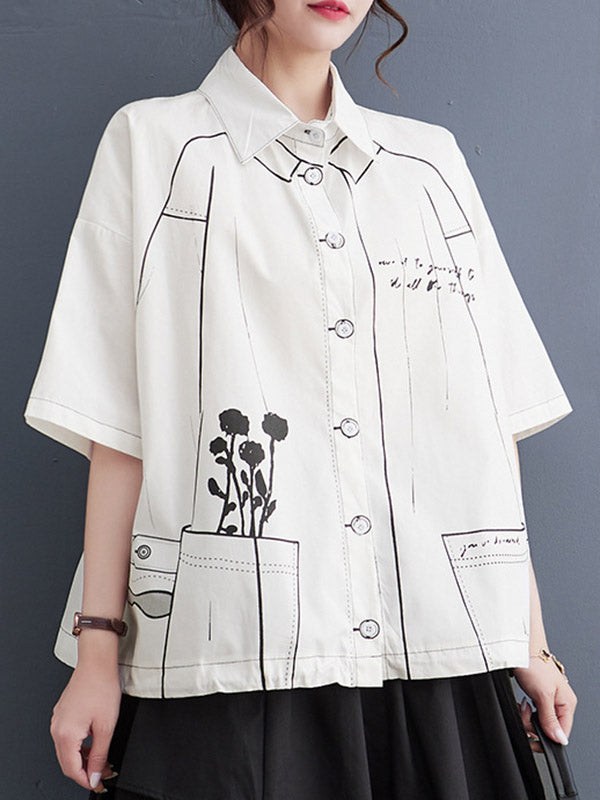 Lose Kurzarm-Blusen und -Hemden mit geknöpftem, bedrucktem Revers 