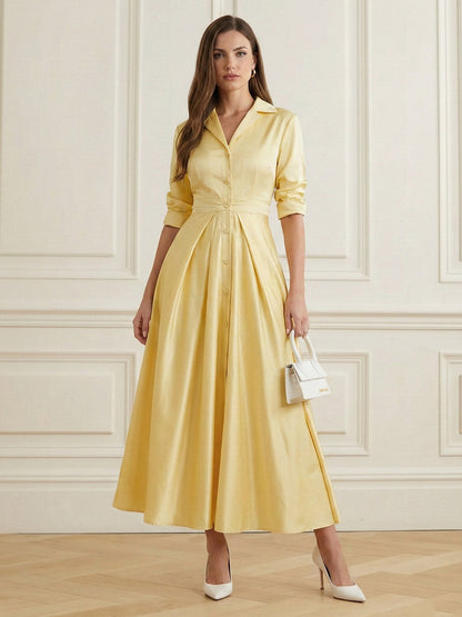 A-Line Elasticated Waist Buttoned Pleated Solid Color Split-Joint Notched Collar Blazer Maxi Dresses