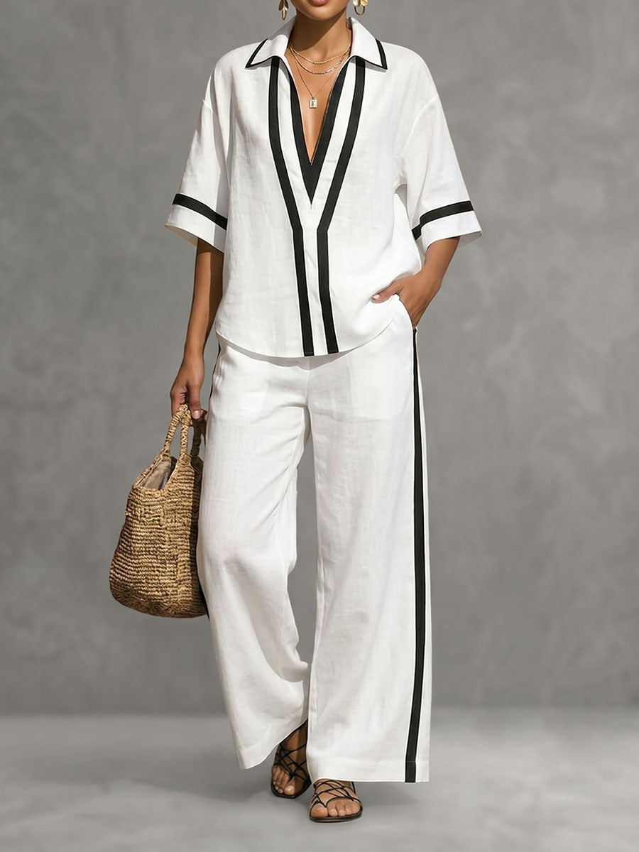 High Waisted Wide Leg Contrast Color Pockets Pants Trousers