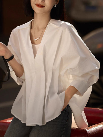 High-Low Long Sleeves Pleated Solid Color Split-Joint Lapel Blouses&Shirts Tops