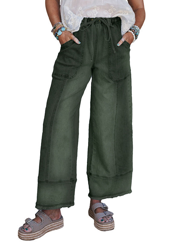 High Waisted Loose Drawstring Fringed Pockets Solid Color Jean Pants Bottoms