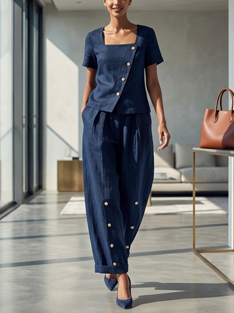 Loose Wide Leg Buttoned Pockets Solid Color Pants Trousers