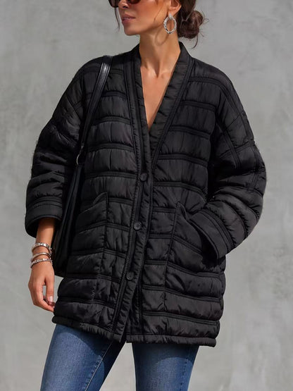 Striped Split-Joint Pockets Pleated Buttoned Loose Long Sleeves V-neck Outerwear Down Coat