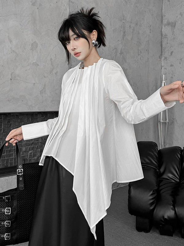 Hipster Irregularity Asymmetric Pleated Solid Color Round-Neck Blouses&Shirts Tops