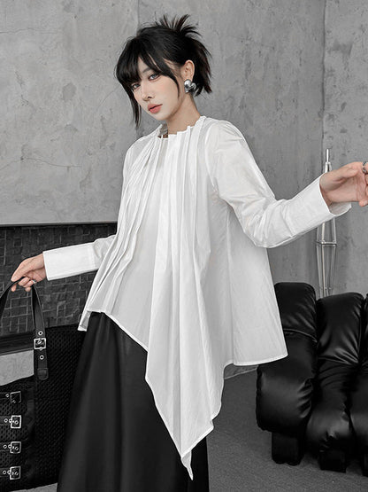 Hipster Irregularity Asymmetric Pleated Solid Color Round-Neck Blouses&Shirts Tops