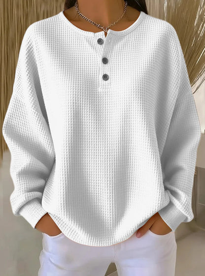 Solid Color Buttoned Plus Size Loose Round-neck Sweatshirt Tops