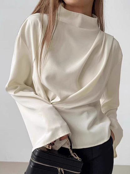 Flared Sleeves Long Sleeves Pleated Solid Color Zipper Stand Collar Blouses&Shirts Tops
