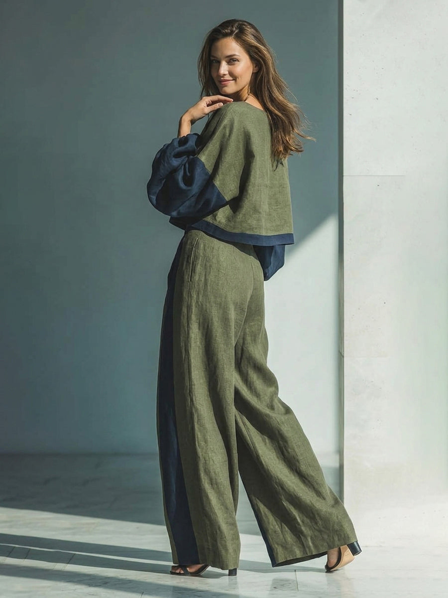 Split-Joint Pockets Elasticity Contrast Color Wide Leg High Waisted Trousers Pants