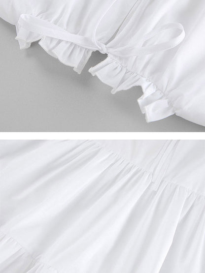 A-Line Loose Pleated Ruffled Solid Color Split-Joint Round-Neck Mini Dresses Shirt Dress