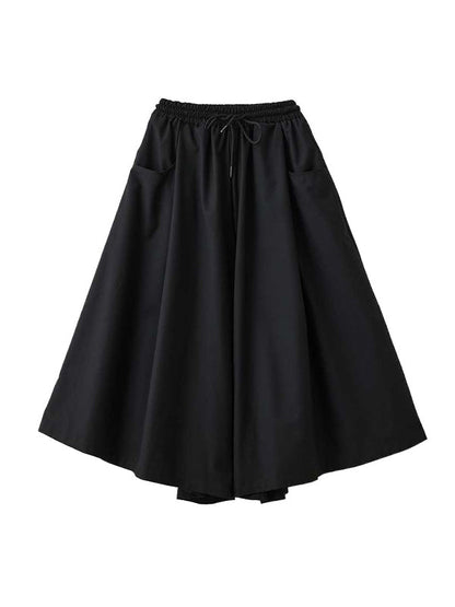 A-Line High Waisted Drawstring Elasticity Pockets Solid Color Culotte Pants