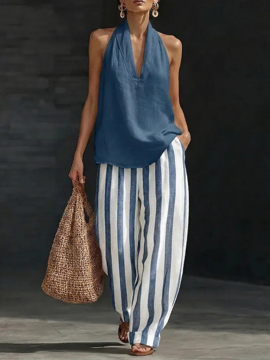 Loose Plus Size Contrast Color Striped Halter-Neck Vest Top + Pants Bottom Two Pieces Set