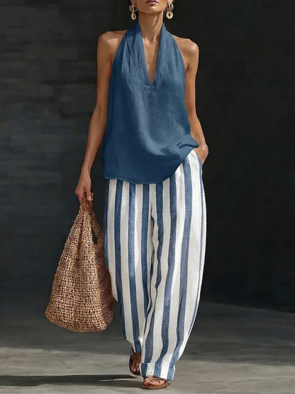 Loose Plus Size Contrast Color Striped Halter-Neck Vest Top + Pants Bottom Two Pieces Set