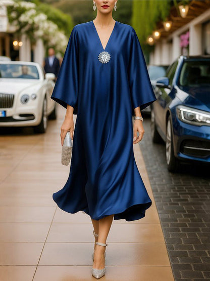 Loose Three-Quarter Sleeves Solid Color V-Neck Midi Dresses