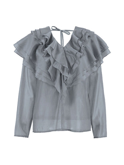 Long Sleeves Backless Ruffled Solid Color V-Neck Blouses&Shirts Tops