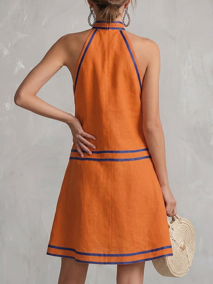 A-Line Sleeveless Contrast Color Pockets Zipper Halter-Neck Mini Dresses