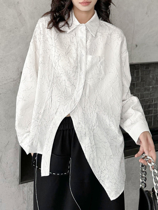 Irregularity Long Sleeves Abstract Printed Asymmetric Buttoned Wrinkled Lapel Blouses&Shirts Tops