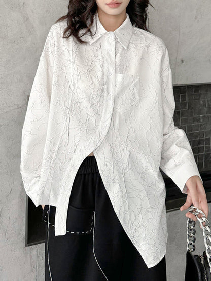 Irregularity Long Sleeves Abstract Printed Asymmetric Buttoned Wrinkled Lapel Blouses&Shirts Tops