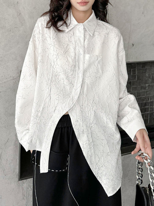 Irregularity Long Sleeves Abstract Printed Asymmetric Buttoned Wrinkled Lapel Blouses&Shirts Tops