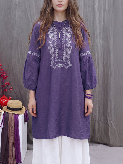 Printed Contrast Color Buttoned Three-quarter Sleeves Plus Size Round-neck Blouses&shirts Tops