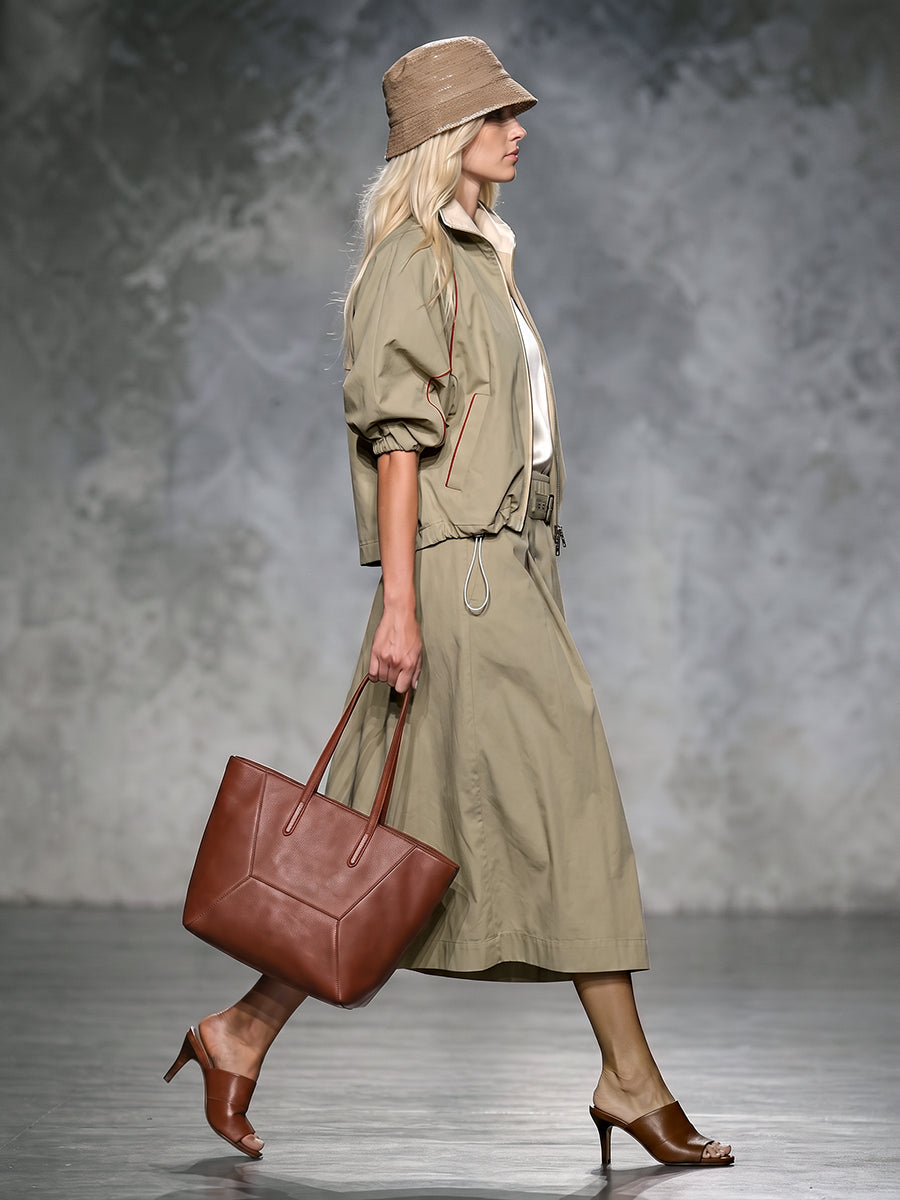 Zipper Drawstring Contrast Color Loose Half Sleeves Lapel Outerwear