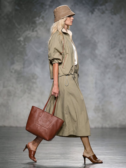 Zipper Drawstring Contrast Color Loose Half Sleeves Lapel Outerwear