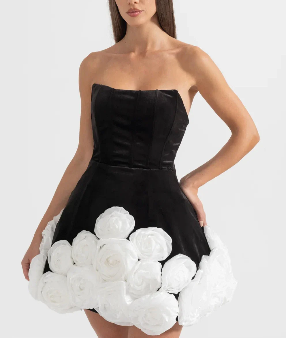 BASILE ELEGANT WITH WHITE ROSE EMBELLISHMENTS MINI DRESS