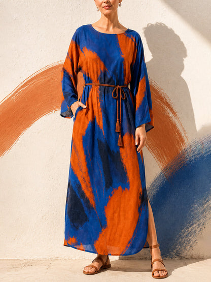 Tied Waist Split-side Printed Pockets Contrast Color Loose Long Sleeves Round-neck Maxi Dresses