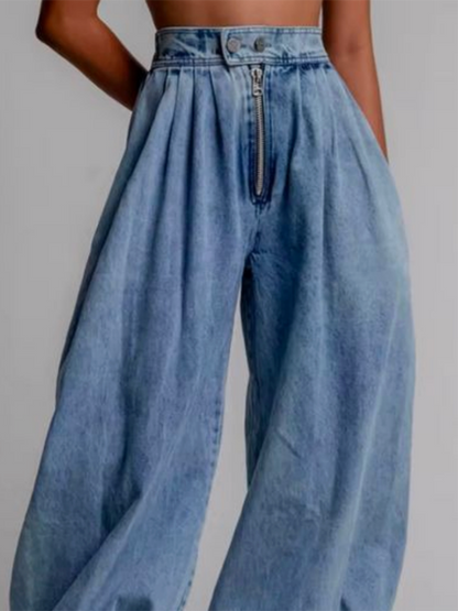 Loose Buttoned Solid Color Zipper Jean Pants Bottoms Knickerbockers Trousers