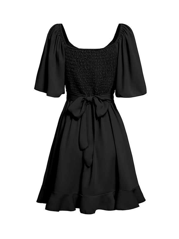 Mini-robes à manches évasées, manches mi-longues, élastiques, volants, couleur unie, fendues, taille nouée, col en V 