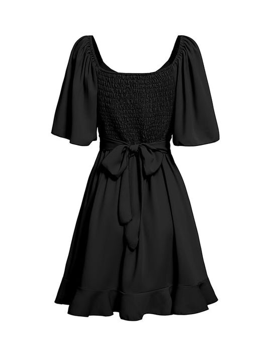 Flared Sleeves Half Sleeves Elasticity Ruffled Solid Color Split-Joint Tied Waist V-Neck Mini Dresses