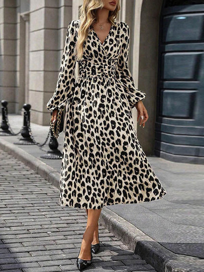 Elasticated Waist High Waisted Contrast Color Leopard Pleated Split-Joint V-Neck Maxi Dresses