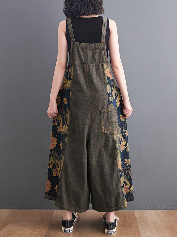Oversize Wide Leg Floral Printed Split-Joint Overalls