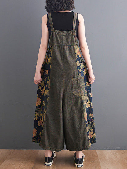 Oversize Wide Leg Floral Printed Split-Joint Overalls