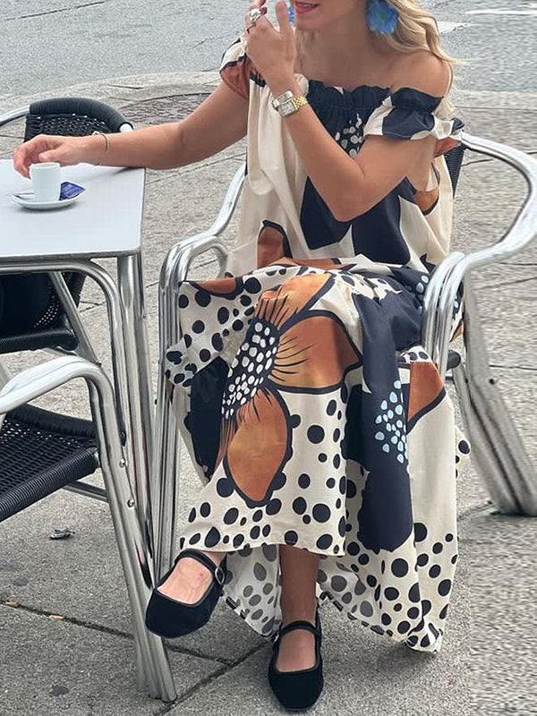 Loose Short Sleeves Flower Print Split-Joint Off-The-Shoulder Maxi Dresses