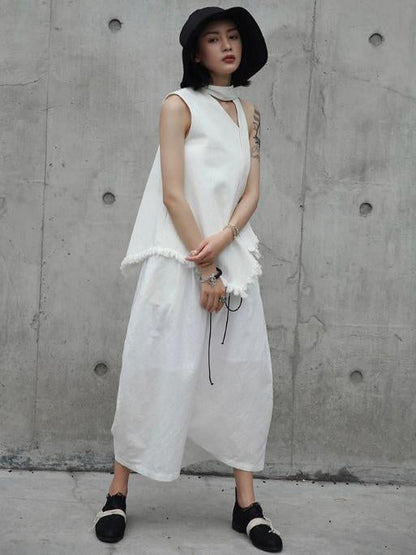 Loose White Linen Split-side Harem Pants