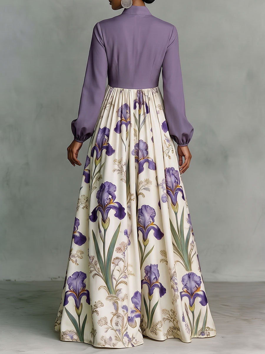 Split-Joint Ruched Pockets Flower Print Contrast Color Buttoned Loose Long Sleeves Stand Collar Maxi Dresses