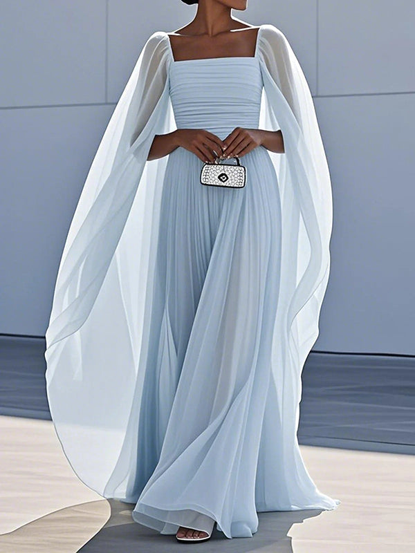 Cape Gauze Pleated Split-Joint Square-Neck Evening Dresses Maxi Dresses